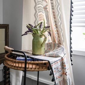 Boho Cream Cotton And Linen Print Sun Shade Non-punched Curtain Fabric (Option: Hook fringe curtains-W150xH280CM)